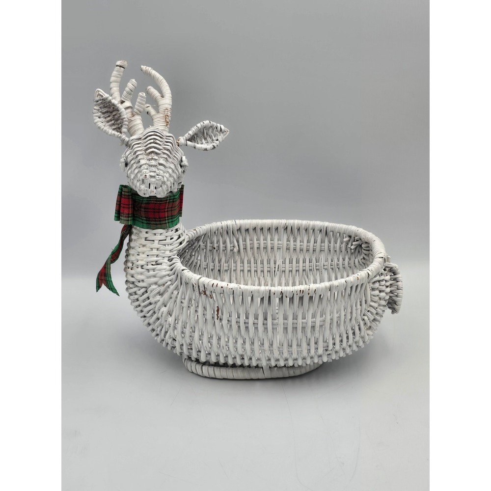 Unbranded Reindeer Wicker Basket Home Decor OS White‎ Good Plaid Bow Holiday